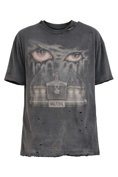 Premium men's oversized streetwear t-shirt in washed black, featuring a surreal airbrush graphic print of bleeding eyes hovering over a vintage luxury car grill with a Halfevil license plate.