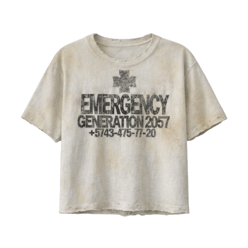 Premium men's oversized streetwear t-shirt in a distressed off-white oil-washed finish, featuring a bold graphic print with a cross icon and typography reading Emergency Generation 2057.
