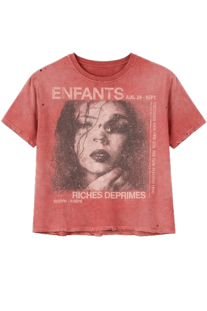 Premium men's oversized streetwear t-shirt in washed vintage red, featuring a distressed cinematic poster print of a woman's portrait with editorial typography reading Enfants and Riches Deprimes.