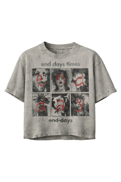 Premium men's oversized streetwear t-shirt in a distressed light grey wash, featuring a monochrome photo grid of punk portraits with red graffiti text overlay spelling end day and typography reading end days times.