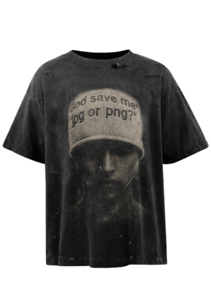 Premium men's oversized streetwear t-shirt in washed black, featuring a dark surreal graphic portrait of a face wearing a beanie printed with the ironic text God save me jpg or png.