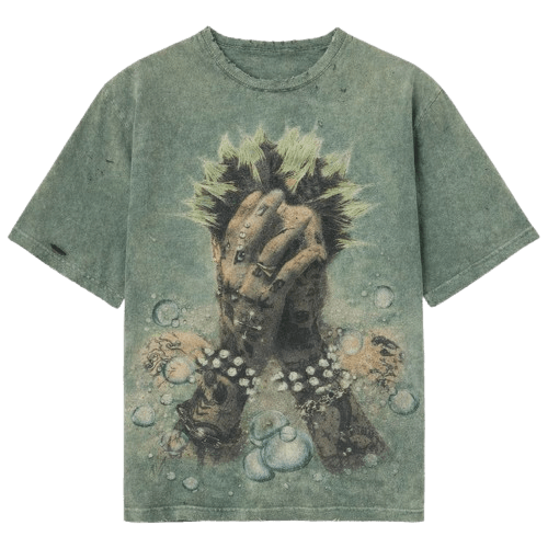 Premium men's oversized streetwear t-shirt in a vintage washed green finish, featuring a complex surreal graphic print of a figure covering their face with spiked bracelets and atmospheric bubble elements.