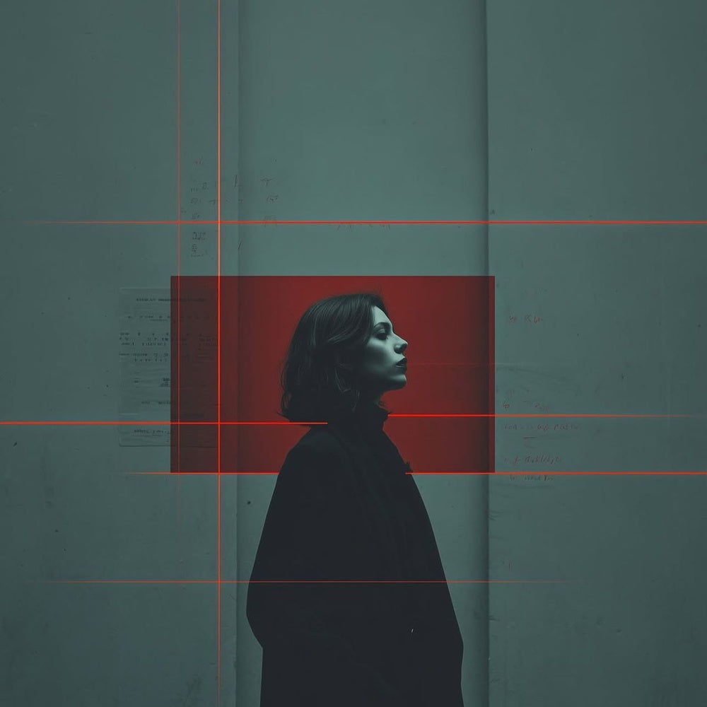Cinematic moody streetwear portrait with red geometric laser lines and a glowing red box around a female model for Hollyshac digital creator collection.