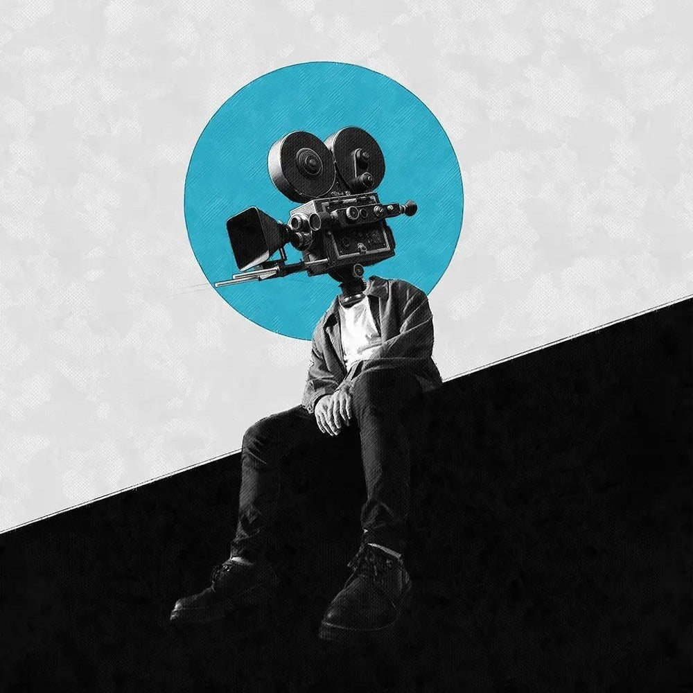 Conceptual graphic illustration of a filmmaker or digital content creator with a vintage movie camera head, representing collaborative media opportunities for Hollyshac clothing brand.