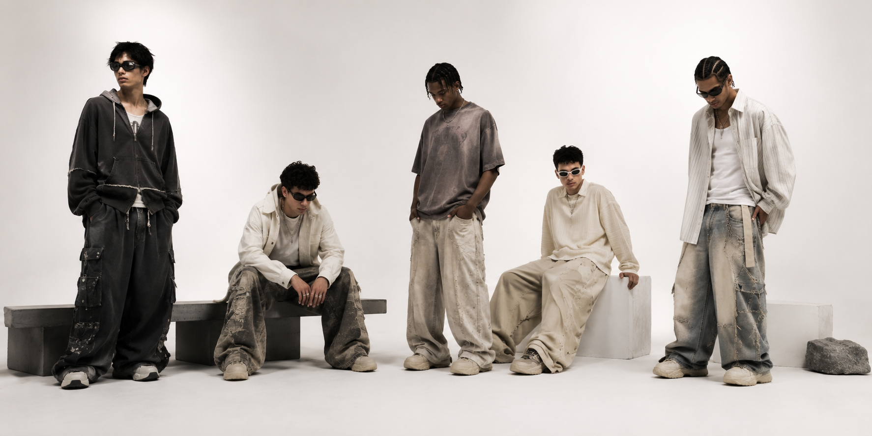 Five male models in a studio setting posing in oversized streetwear outfits, including baggy cargo pants, distressed denim, mineral wash t-shirts, and zip-up hoodies, serving as the main banner for the Hollyshac fashion blog